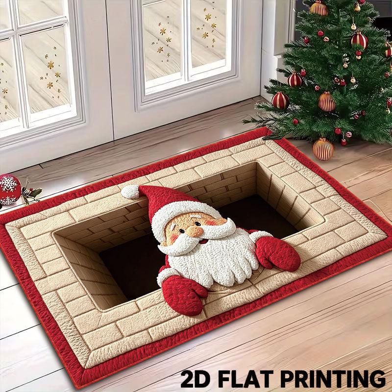 Christmas Santa Claus Optical Illusion Doormat 2D Flat Printed Non‑slip Floor Mat Holiday Decor Rug for Entrance Bedroom Living Room Home Decor