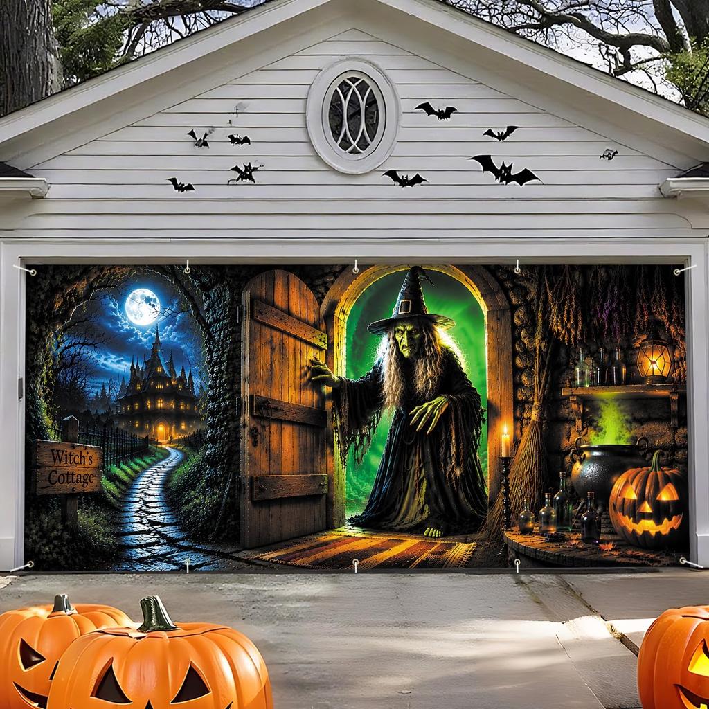 7 x 16 FT Large Halloween Garage Door Banner,Witch Cottage Halloween Decorati...