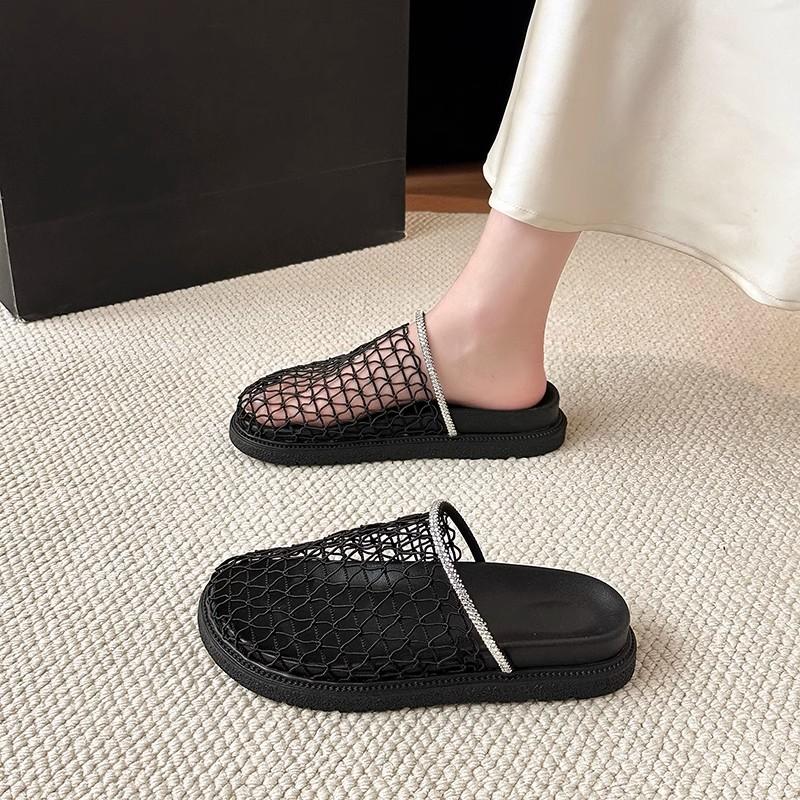 French hollow breathable mesh yarn bag head half slippers summer wear a pedal thick-soled fishing net boken heel shoes