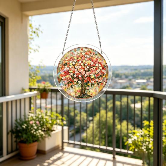 Acryl Puzzlesonnensammler, Lebensbaum/Blumen im Buntglas-Stil Fensterhänge-Dekoration, DIY Sonnensammler-Set für Zuhause, Garten