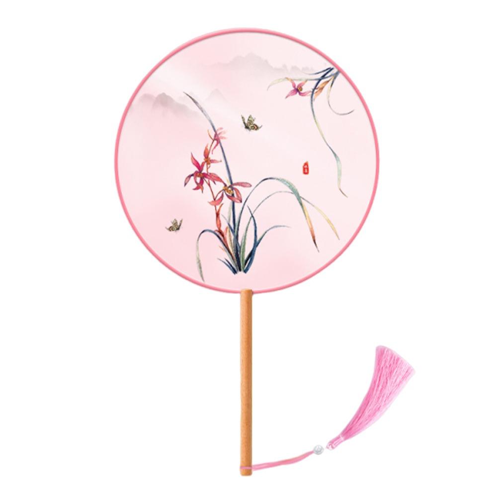 Half Transparent Round Hand Fan Long Handle Silk Fan Hanfu Embroidered Fan  Dance Performance