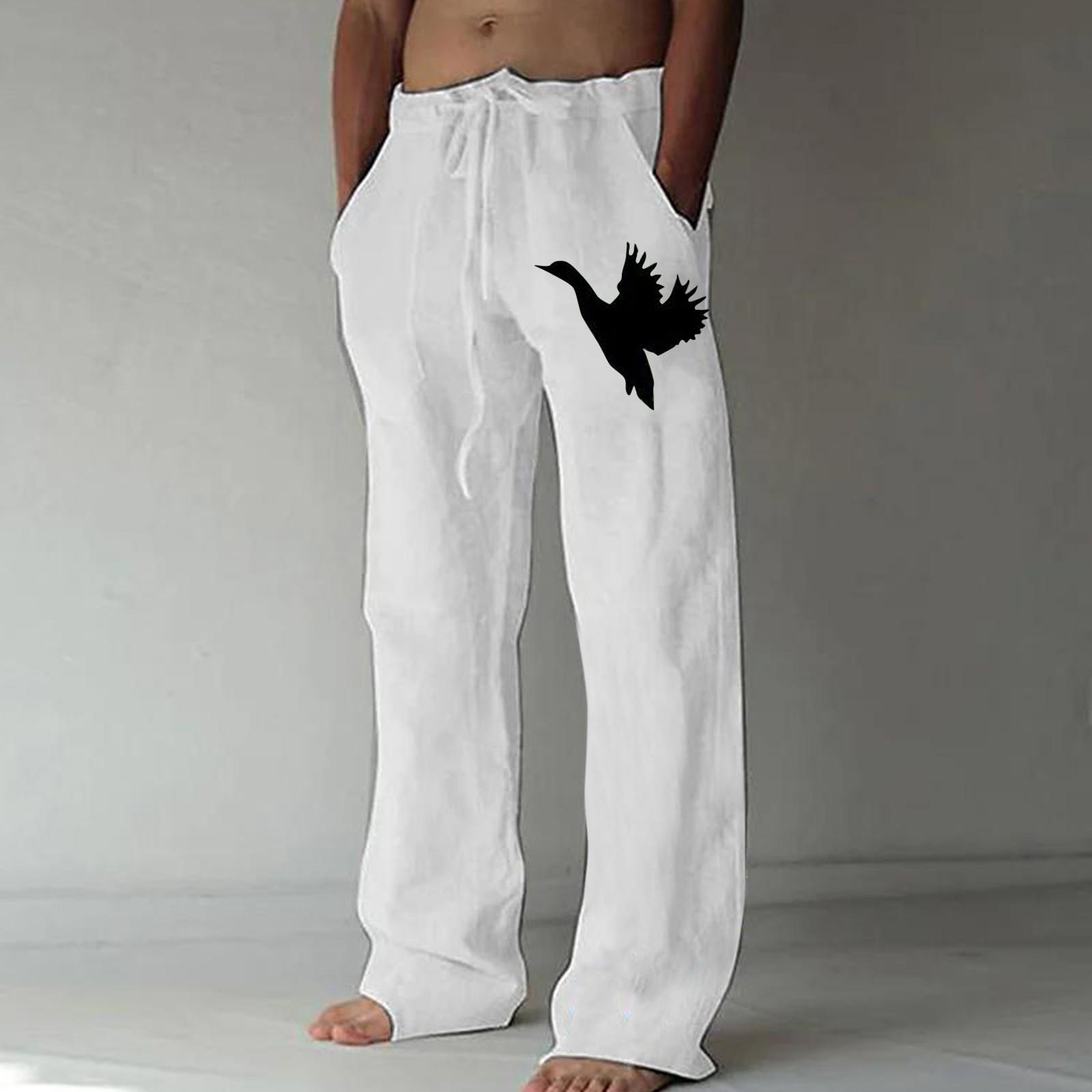 

Мужские свободные повседневные однотонные хлопковые льняные брюки с эластичным галстуком и принтом, прямые брюки M белый