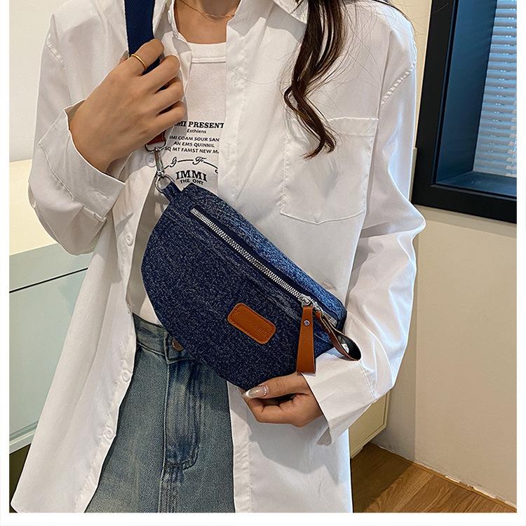Vintage Denim Brusttasche für Damen Mode Vielseitige Reißverschluss Crossbody Bauchtasche mit Verstellbarem Breitem Schultergurt Stilvolle Outdoor-Hüfttasche