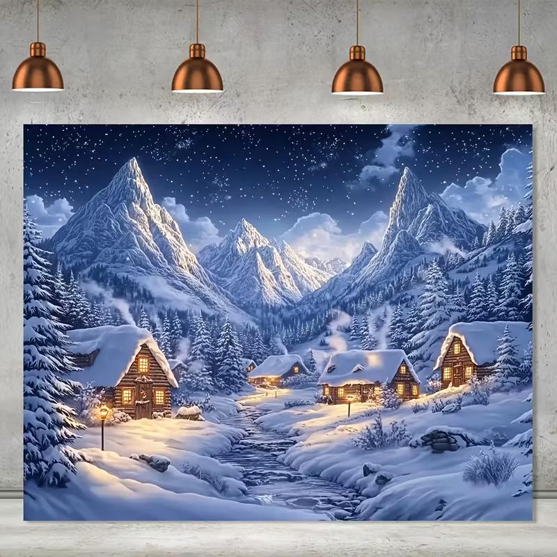 Festive Winter Night Backdrop with Lit Houses and Starry Sky for Wedding or Birthday