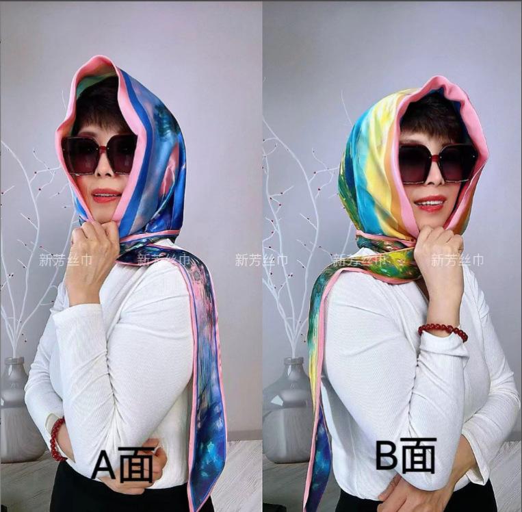 Spring and summer new double-layer double-sided satin silk scarf, hat, sunscreen headscarf, hat, streamer temperament, bag head hat, Feiling