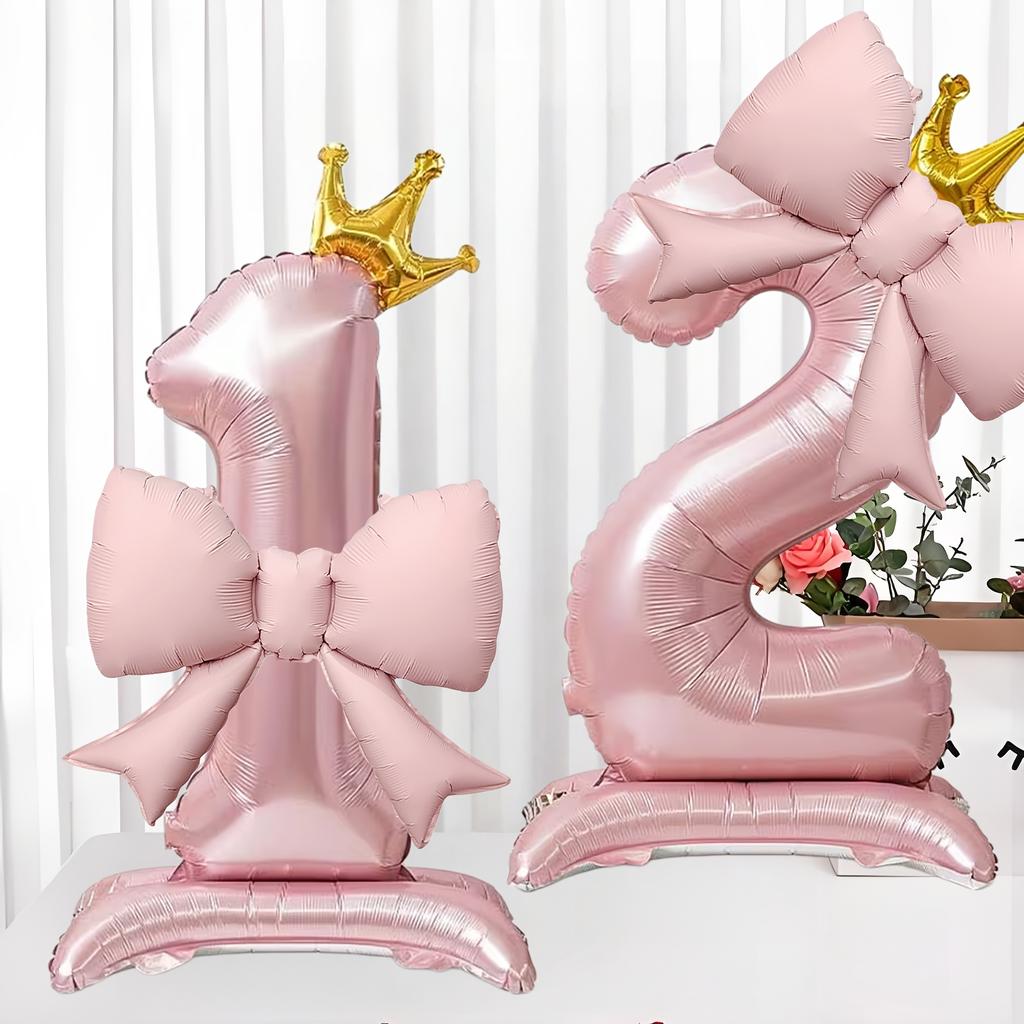 40inch Pink Crown Aluminum Foil Number 1st Balloon with Pink Bow Balloon for Birthday Party Decor Supplies Girls First Birthday