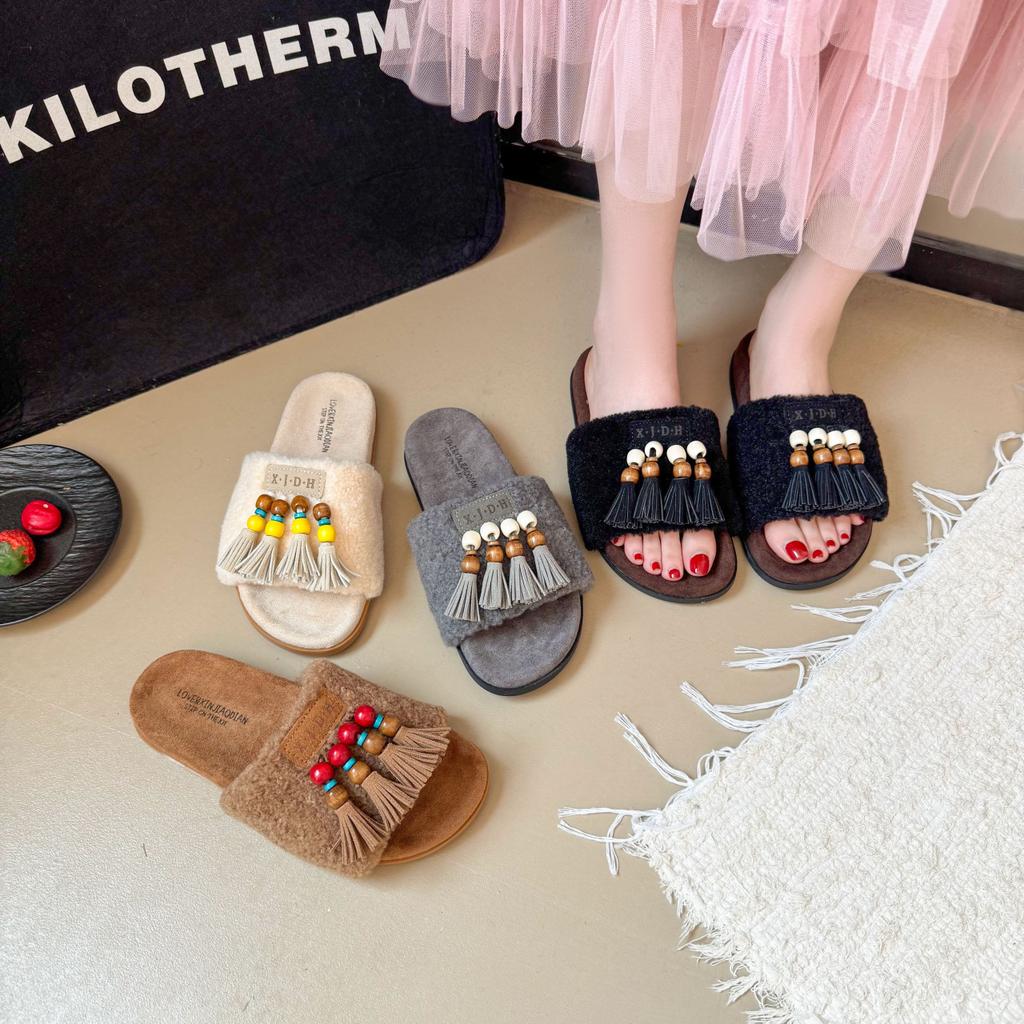 Thick-bottomed ethnic style fringed beaded fluffy slippers women's 2025 autumn new outer wear casual lazy one-word slippers