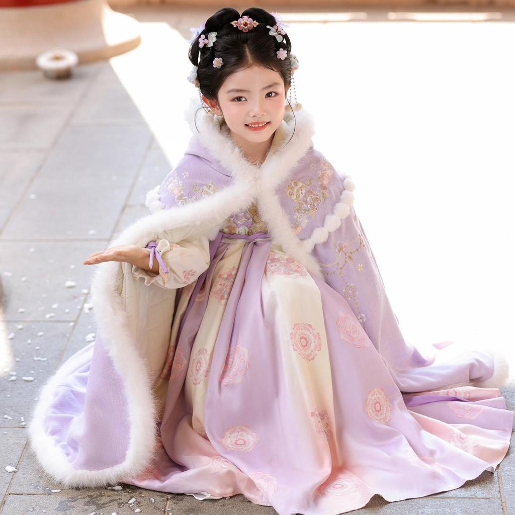 Girls' Winter Plush-Lined Hanfu Dress - Traditional Tang Suit Skirt for Autumn/Winter 2025 New Year