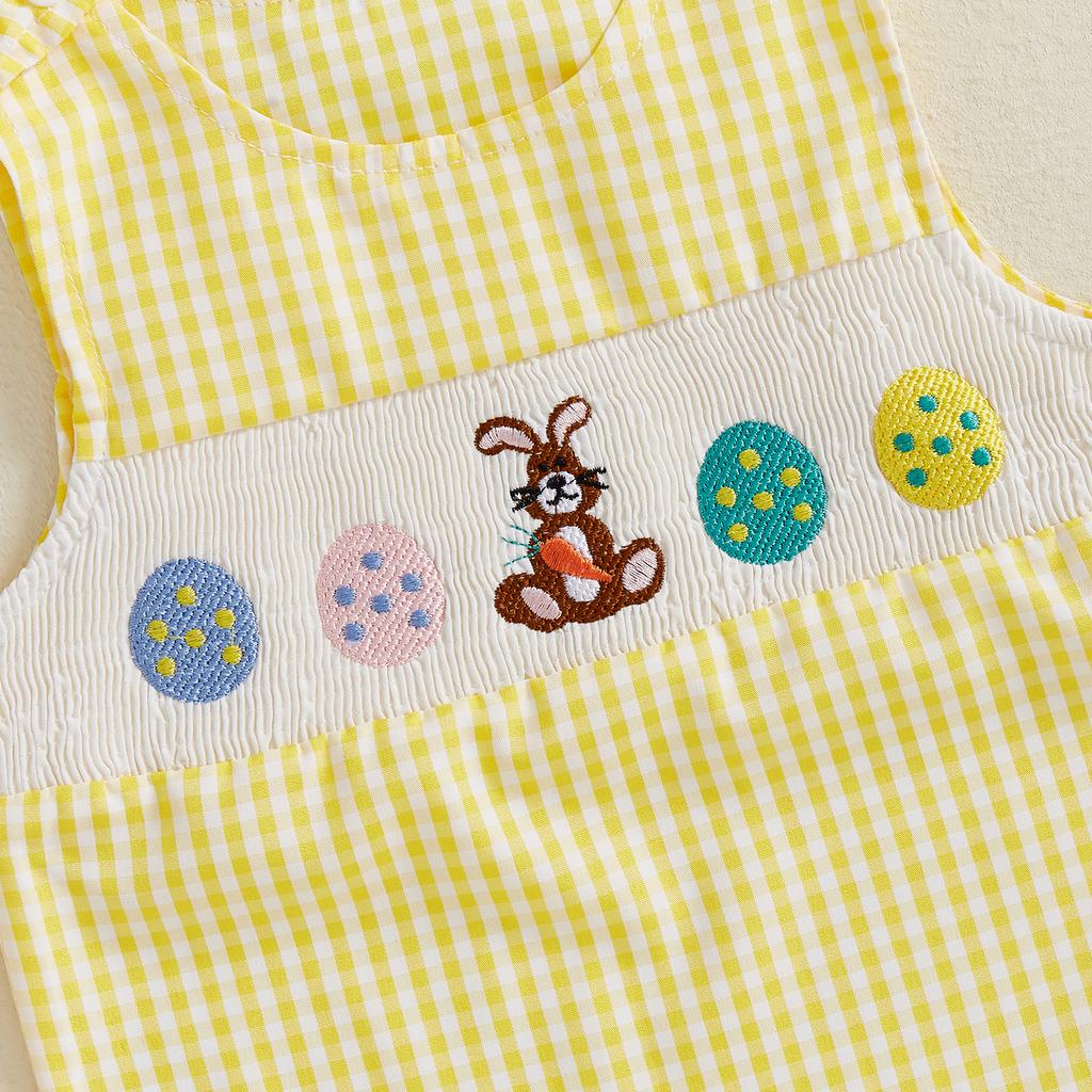 Baby Boys Girls Easter Jumpsuit Sleeveless Crewneck Egg Bunny Embroidery Plaid Tank Romper