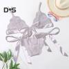 2 Pcs/Set Bra Panties Set Lace Uo Bow knot See through Lace V Neck Spaghetti Strap Three Point Pornographic Lady Underwear Suit