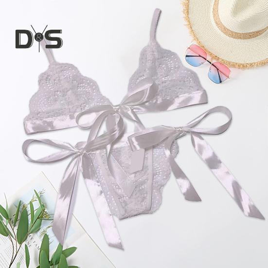 2 Pcs/Set Bra Panties Set Lace Uo Bow knot See through Lace V Neck Spaghetti Strap Three Point Pornographic Lady Underwear Suit