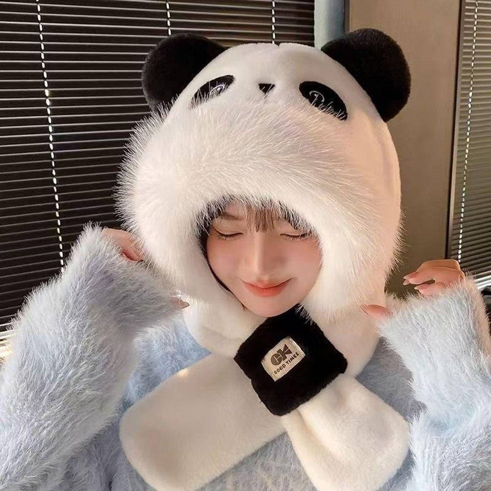 Casual Plush Winter Warm Hat Windproof Cartoon Panda Ear Protection Hat Neck Warmer Thickened Beanies Cap for Women Girls