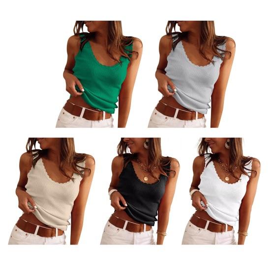 Women Vest Sling Sleeveless Ribbed Tops Pure Color Backless Lace Trim Large Neckline Knitting Tops Daily Wear