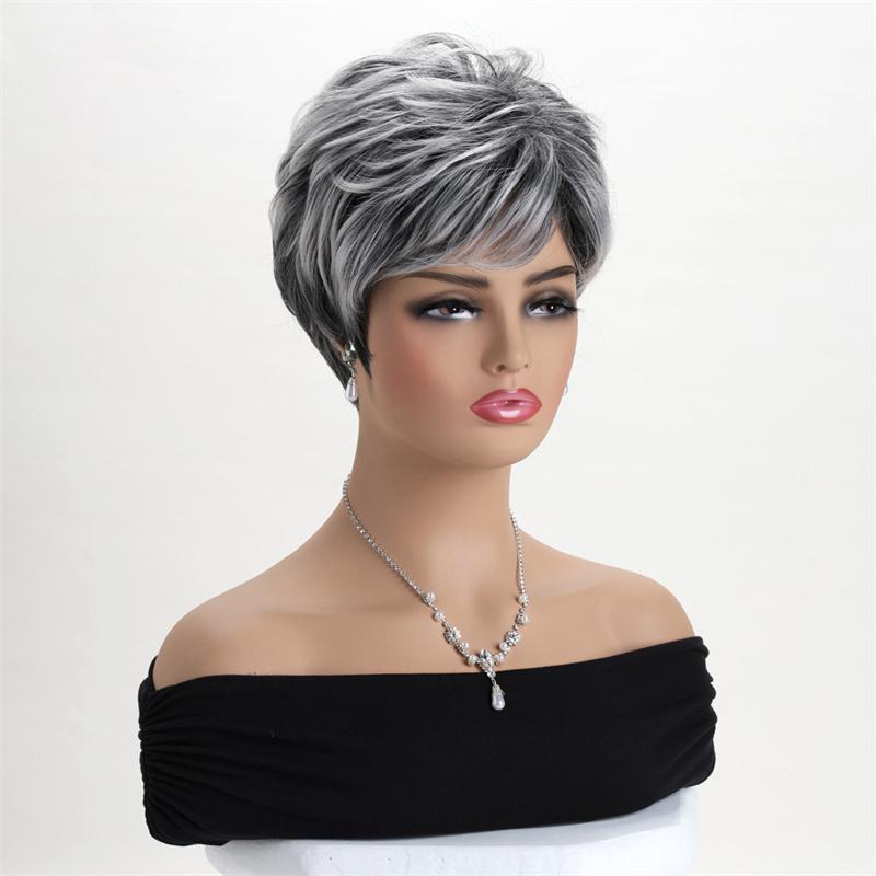 Synthetic Pixie Cut Hairstyle Short Mommy Wig for Women Ombre Straight Wigs with Bangs Elder Woman Grandma