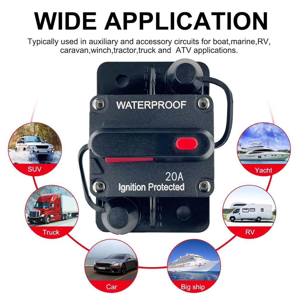 20 Ampere Sicherungsautomat 12V - 48V DC mit manuell zurücksetzbarem Schalterknopf für Boot Trolling-Motor Marine ATV Anhänger Fahrzeuge Stereo Audio Elektronisch