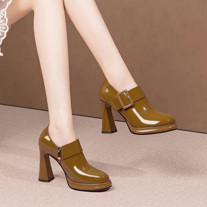 Fashion Patent Leather Deep Cut Single Shoes for Women Thick Heel Round Head Waterproof Platform Professional High Heel Work Shoes