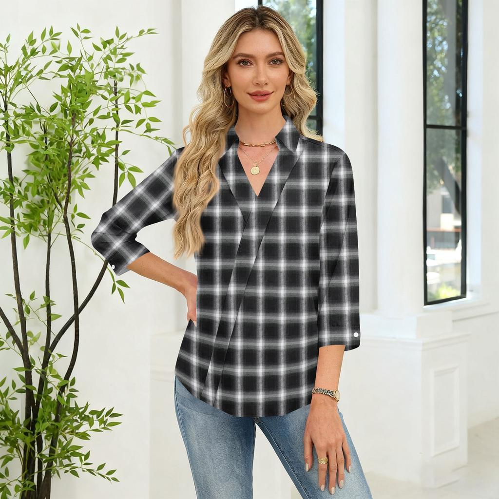 Dámské topy s 3/4 rukávem, košile s výstřihem do V, trendy potištěné, business casual pracovní halenky