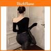 Black Off Shoulder T Shirt With Embroidered Design For Sexy Girl Style