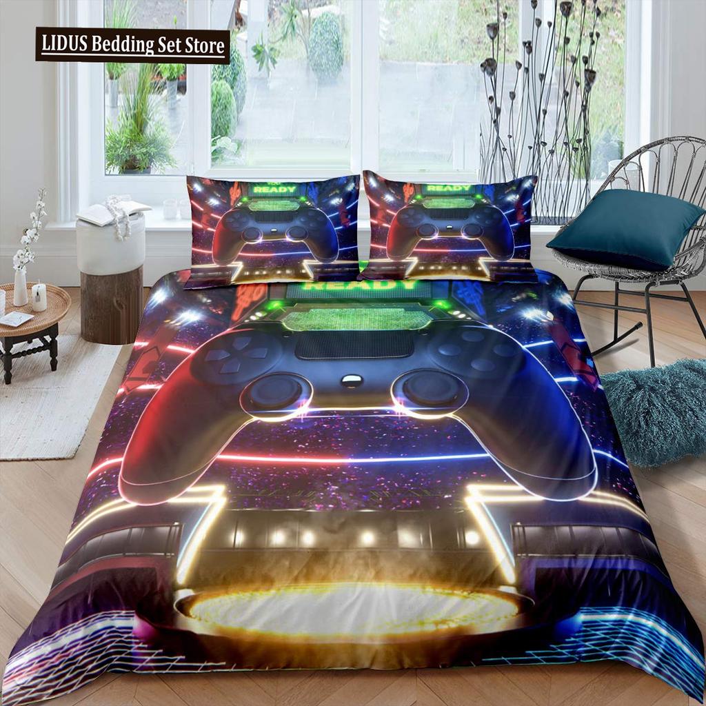 Gamer Duvet Cover Set Rotating Music Comforter Cover Gamepad Gaming Bedding Set For Boys Headphone Bedspreads Cover Queen Size