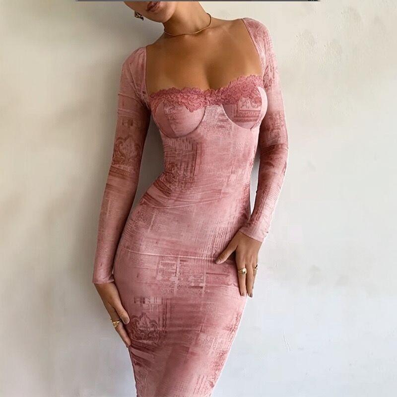 2025 Women s Autumn Lace Patchwork Square Neck Bodycon Dress - European & American Style Medium розовый