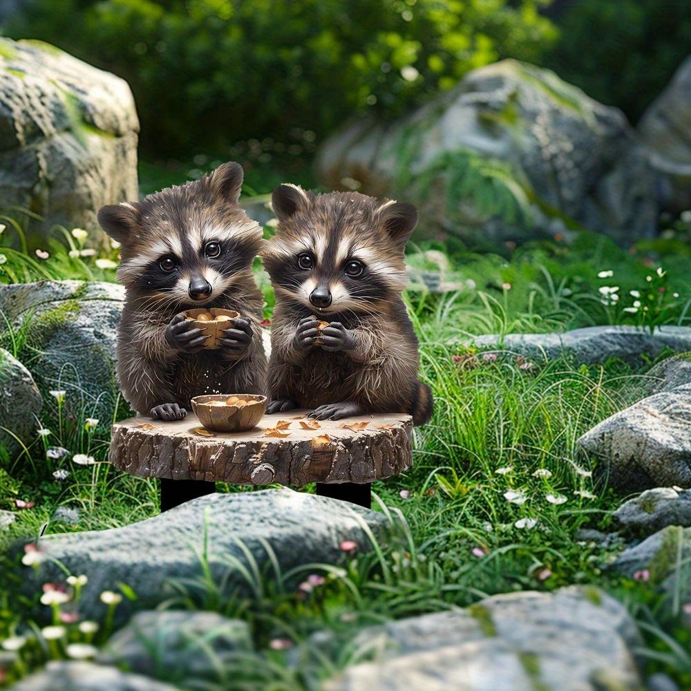 Charming Raccoon Pair acrylic pile for flower pots and landscape. Bohemian-style outdoor art.