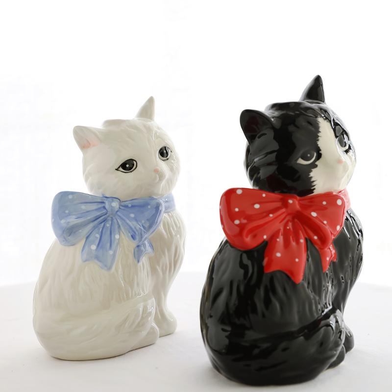 1PC Decoration Cat Lover Gifts Ceramic Vase Hand-Drawn Polka Dot Bow Tie Cute Small Diameter Aesthetic Cat Shape Artistic 20x14cm