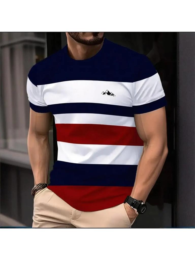 Classic Men's 3D Printed T-shirt Stripe Print Summer Outdoor Round Neck Short Sleeve Tops Street Loose T-Shirt Male Oversized Clothing