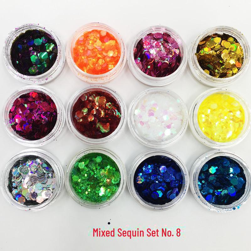 Nail Art Glitter Sequins Set: 12 Colors - Plum Blossom, Star, Hexagonal, Heart