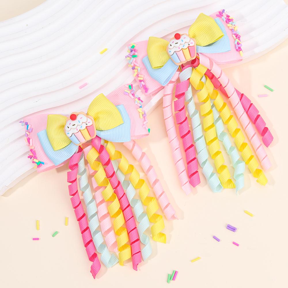 2Pcs Sweet Dessert Hair Clip Tassel Ribbon Curly Bow Hairpin For Girls Ponytail Barrette Children School Headdress Accessories