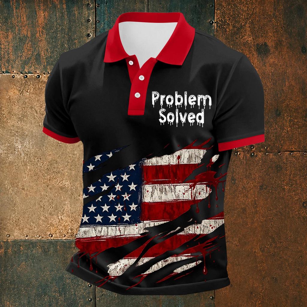 Men's Short Sleeve Polo Shirt Halloween Flag Print Casual Button Down Collar Top Lightweight Breathable Fabric Summer Wear