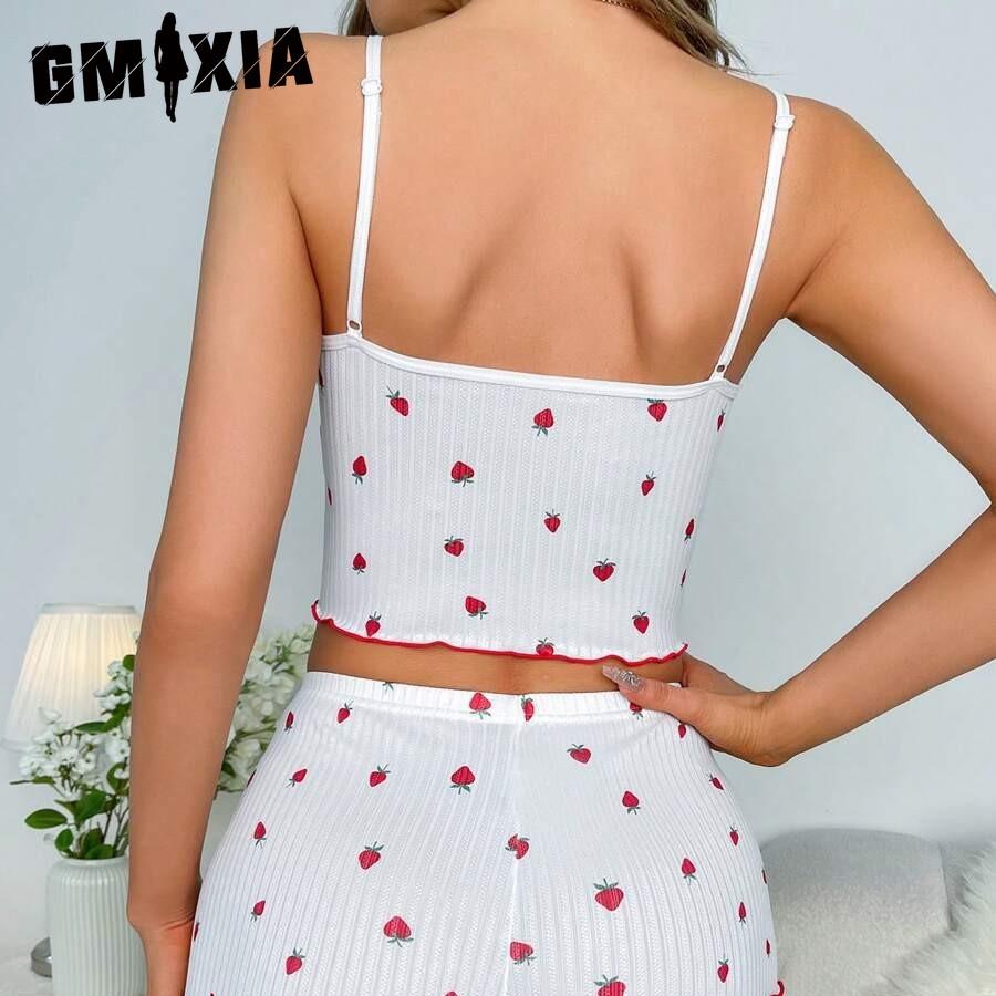 GMXIA Pajamas Pit Stripe Homewear Ladies Bow Lace Edge Sexy Suspenders Shorts Two-piece Set