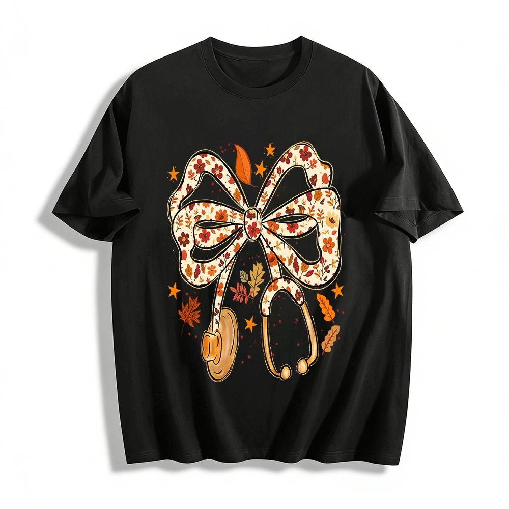 Fall Floral Stethoscope Print Medical Theme Casual Top Pure cotton T-shirt XXS