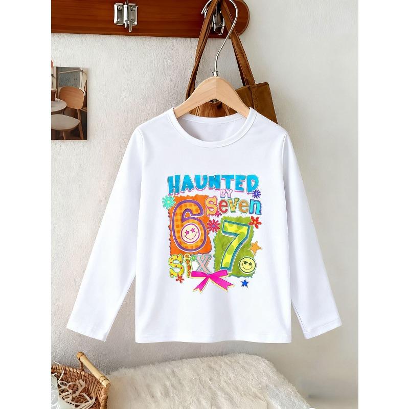 Unisex Kids White Long Sleeve Tee For 4-12 Boys Girls Colorful Retro HAUNTED BY SIX SEVEN Number 67 Smiley Flower Bow Star Collage Print Long Sleeve