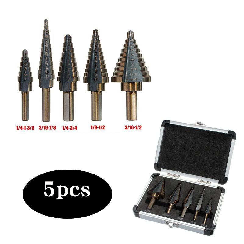 5-Piece Black & Yellow Pagoda Drill Bit Set with Triangular Handle and Straight Groove