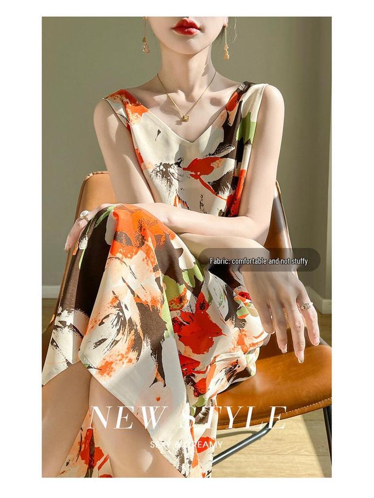 Silk Satin Women's V-neck Print Spaghetti Strap Maxi Dress - Summer 2025 Collection