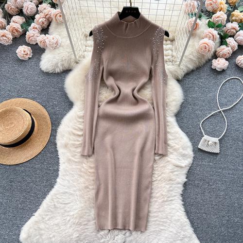 Elegante strass con spalle scoperte manica lunga maglia aderente abito tubino slim basic moda maglione vestido abbigliamento invernale sexy