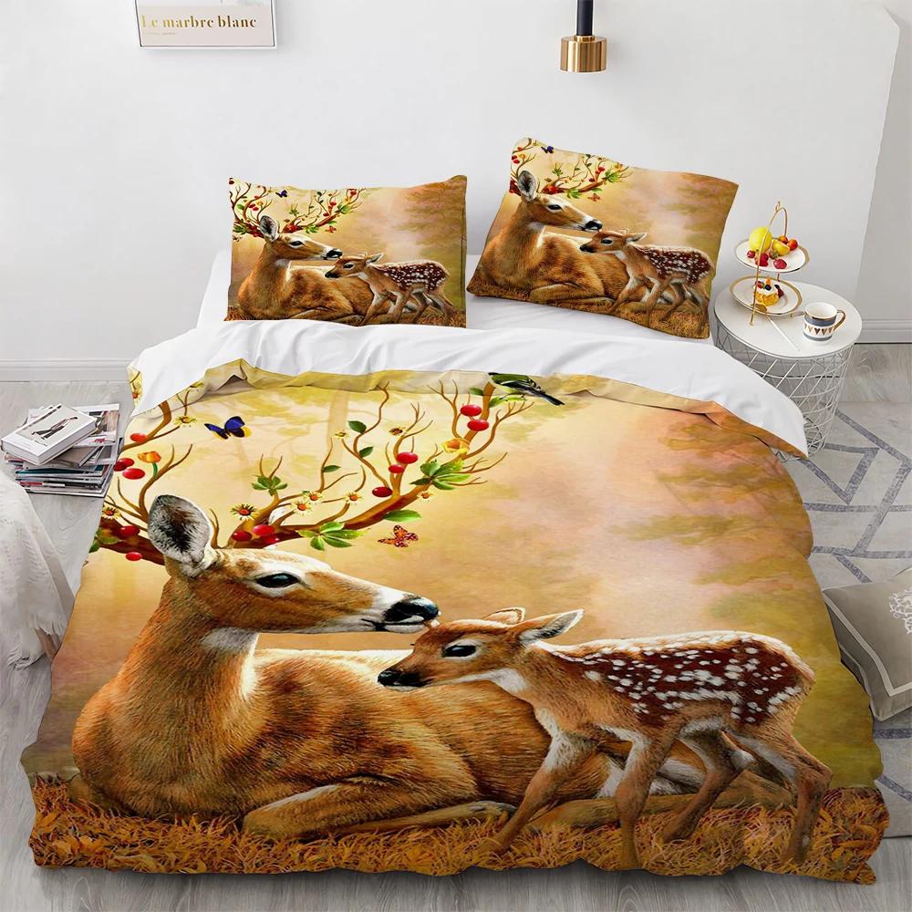 Cartoon Elk Duvet Cover King Queen Size Golden Deer Pattern Bedding Set for Teens Adults Wild Buck Quilt Cover with Pillowcase