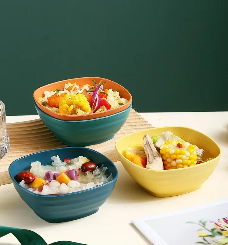 Square Wheat Straw Soup Ramen Bowls Anti-Fall Large Salad Fruit Rice Bowls Food Container Kitchen Tableware Microwave Safe