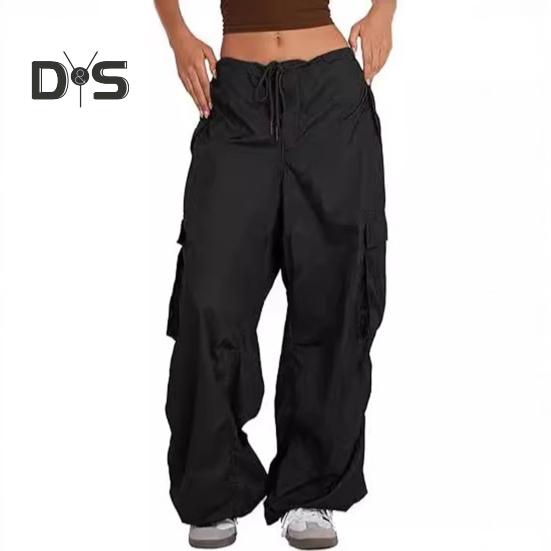 Dámské cargo kalhoty nastavitelné stahovací šňůrkou široké nohavice letní kalhoty s mnoha kapsami nízký pas jednobarevné dlouhé kalhoty