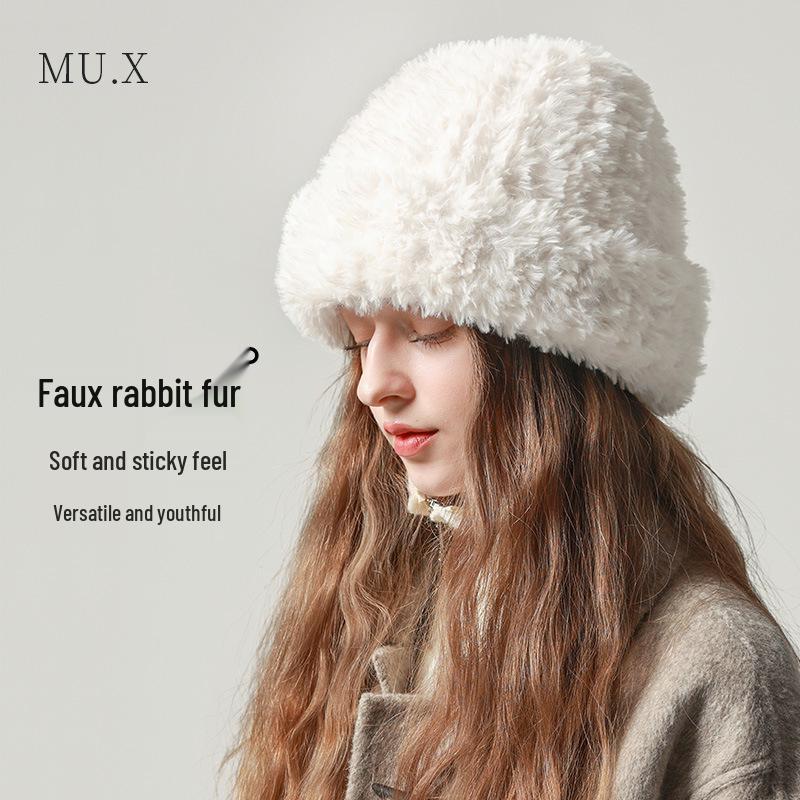 Women's Large Head Circumference White Knitted Wool Beanie - Fluffy, Warm, and Face-Slimming for Autumn and Winter