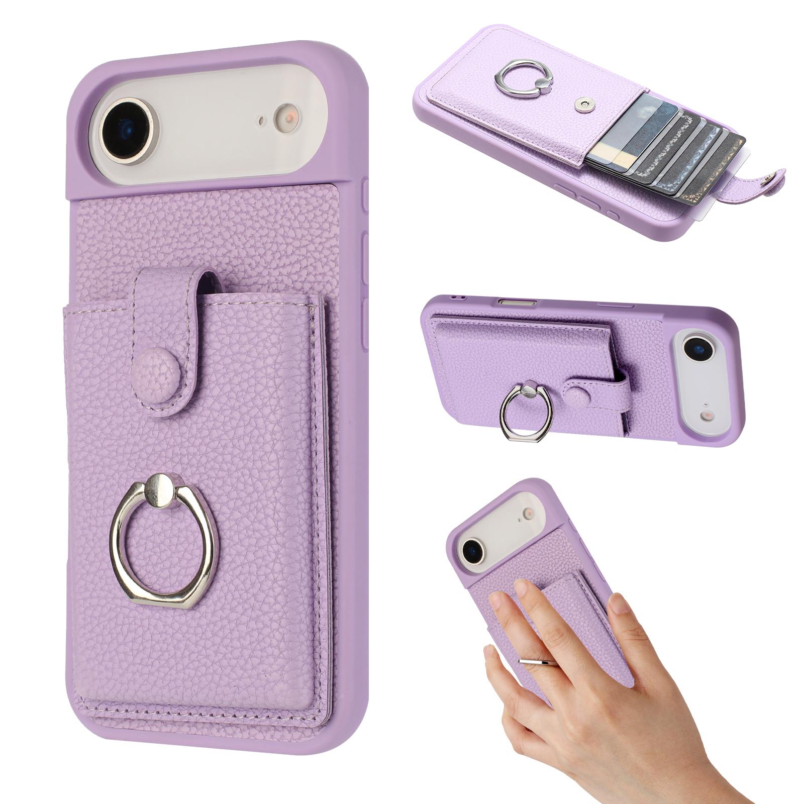 

For iPhone 17 Air Case with Ring Kickstand Drawing Type Card Slots Leather Back Cover Purple