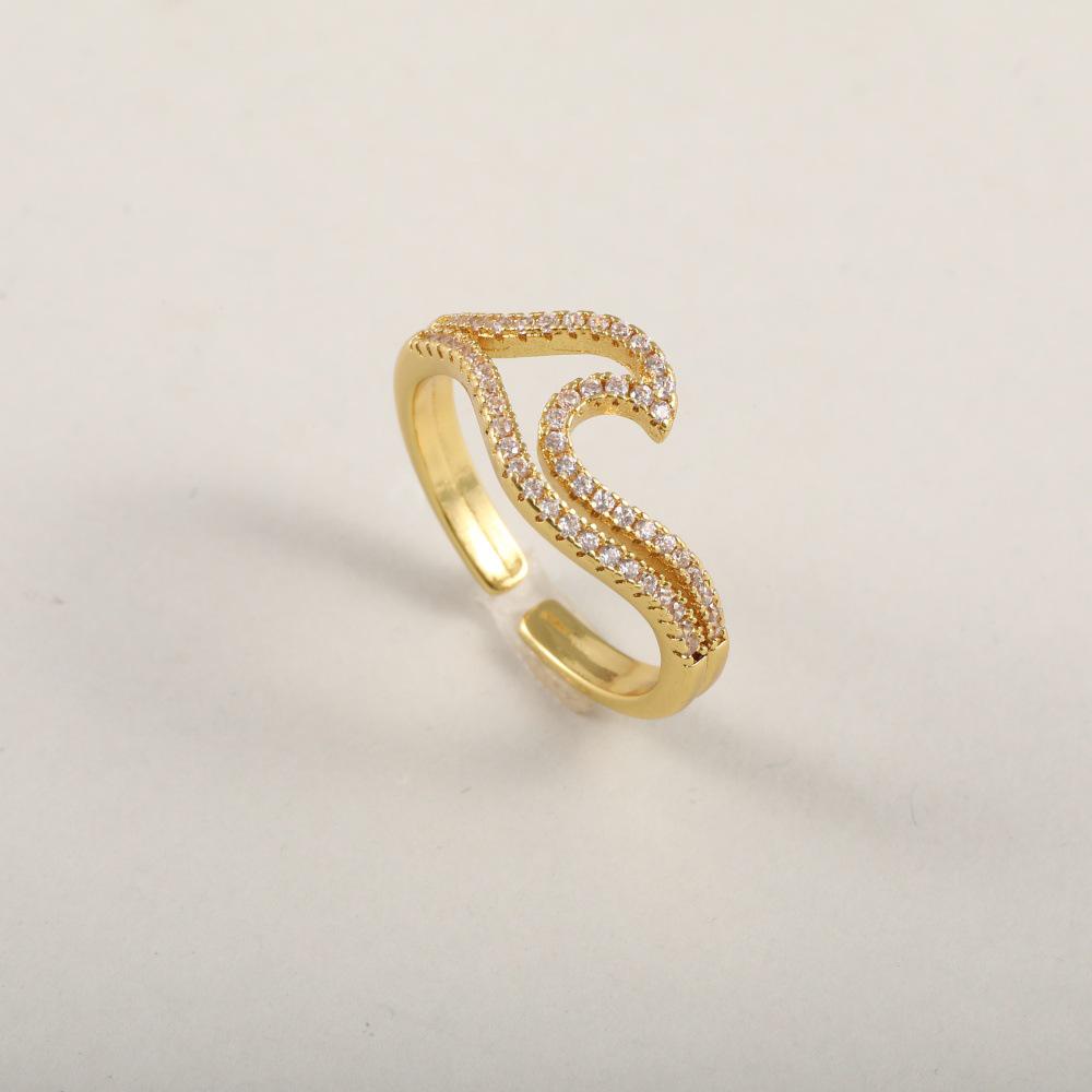 

Versatile Women s Double Wave Gold-Plated Copper Ring with Micro-Set Zircon, Adjustable Size