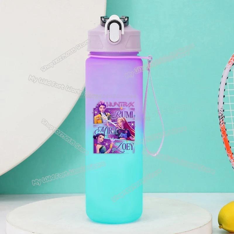 750ml KPop Demon Hunters Gradient Water Bottles High-capacity Drinking Straw Cup Portable Girl Office School Outdoor Bottles