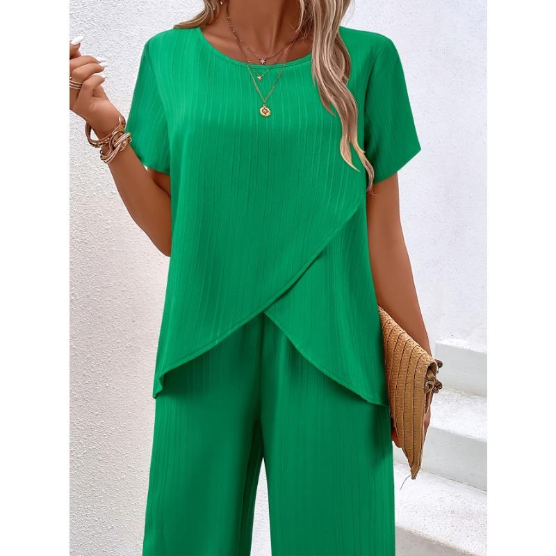 Women Casual Loose Irregular Round Neck Short Sleeve Two Piece Long Pants Set