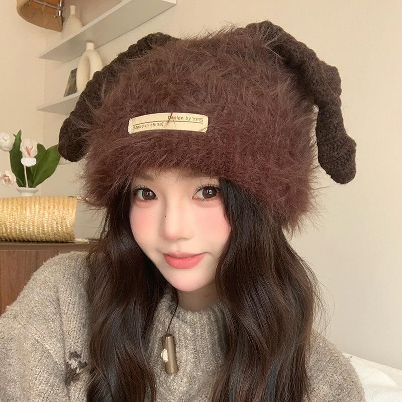 Plush Knitted Hat Autumn and Winter Korean Version Warm Ear Protection Cold Proof Woolen Hat Personalized Horn Big Head Cold Hat for Women