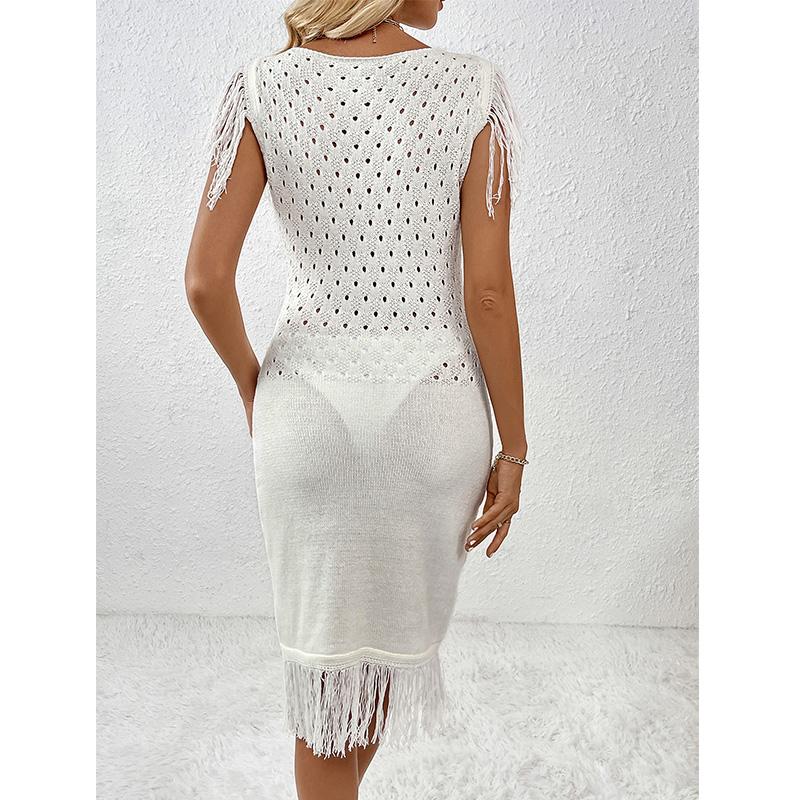 New Spring/Summer Fashion Women's Knitted Long Skirt Tassel Solid Color Dress Knitwear