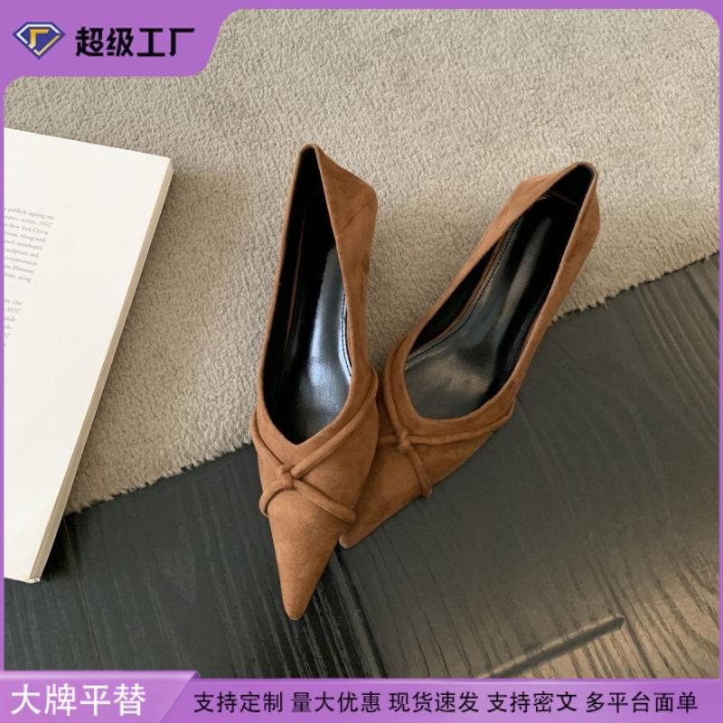 High Heels Women's Stiletto High-end Cross-strap Retro Single Shoes 2025 Spring Women's Suede Comfortable Soft-soled Work Shoes