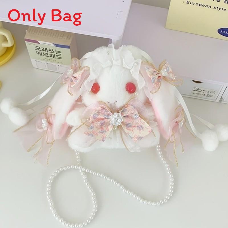 Japanese Lolita Bunny Plush Bag With Pearl Chain For Daily Fashion And Cute Storage