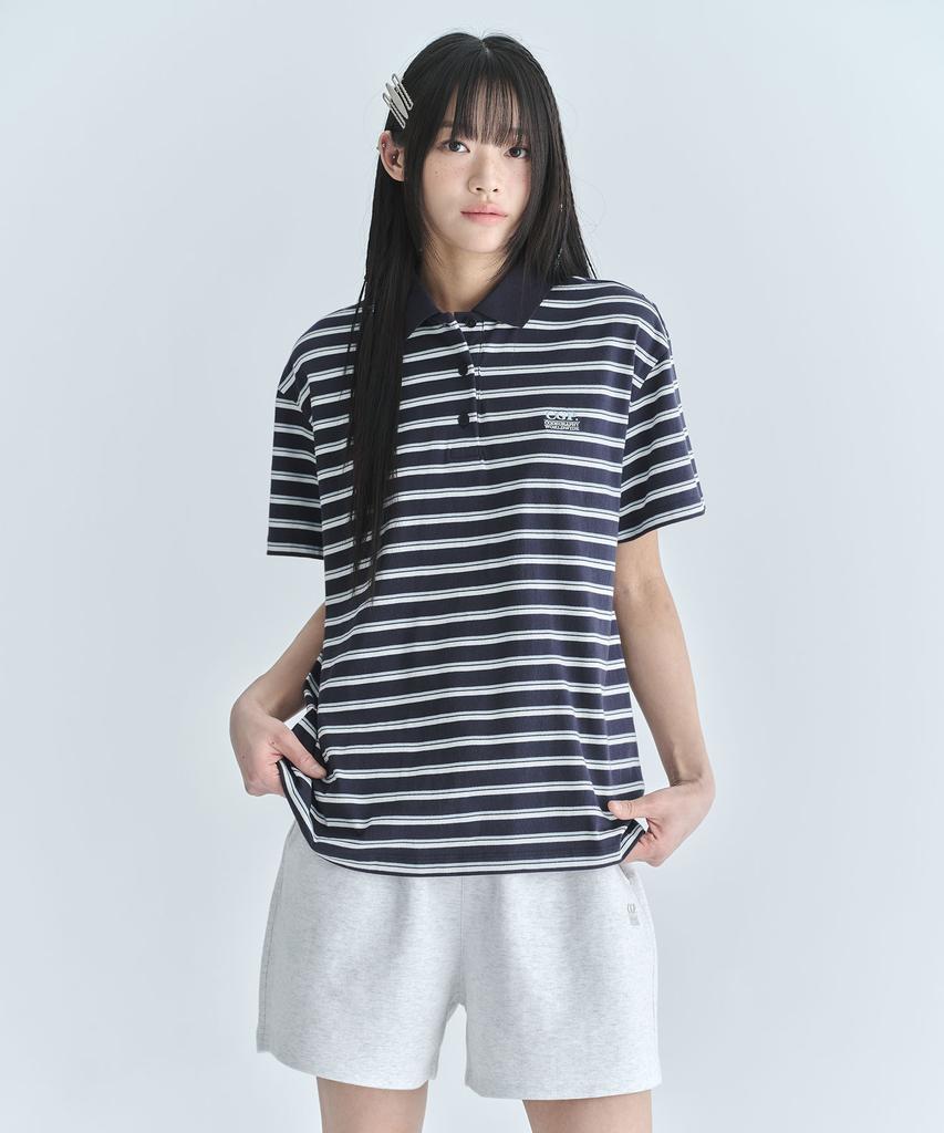 CGP (Women) Oversized Striped Short Sleeve Collared T-Shirt - Dark Navy