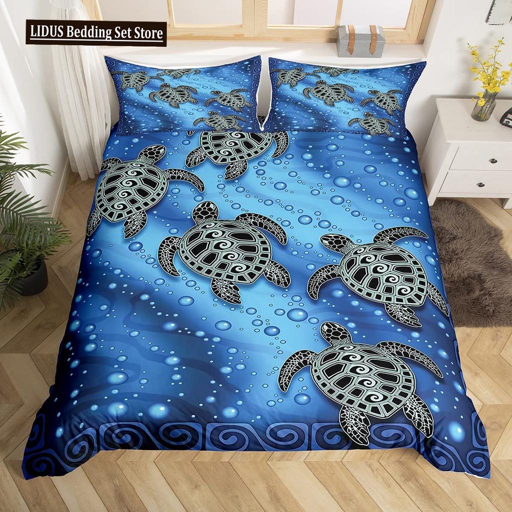 Sea Turtle Duvet Cover Set King Size Watercolor Tortoise Butterfly Comforter Cover For Boys Girly Dreaming Style Bedding Set